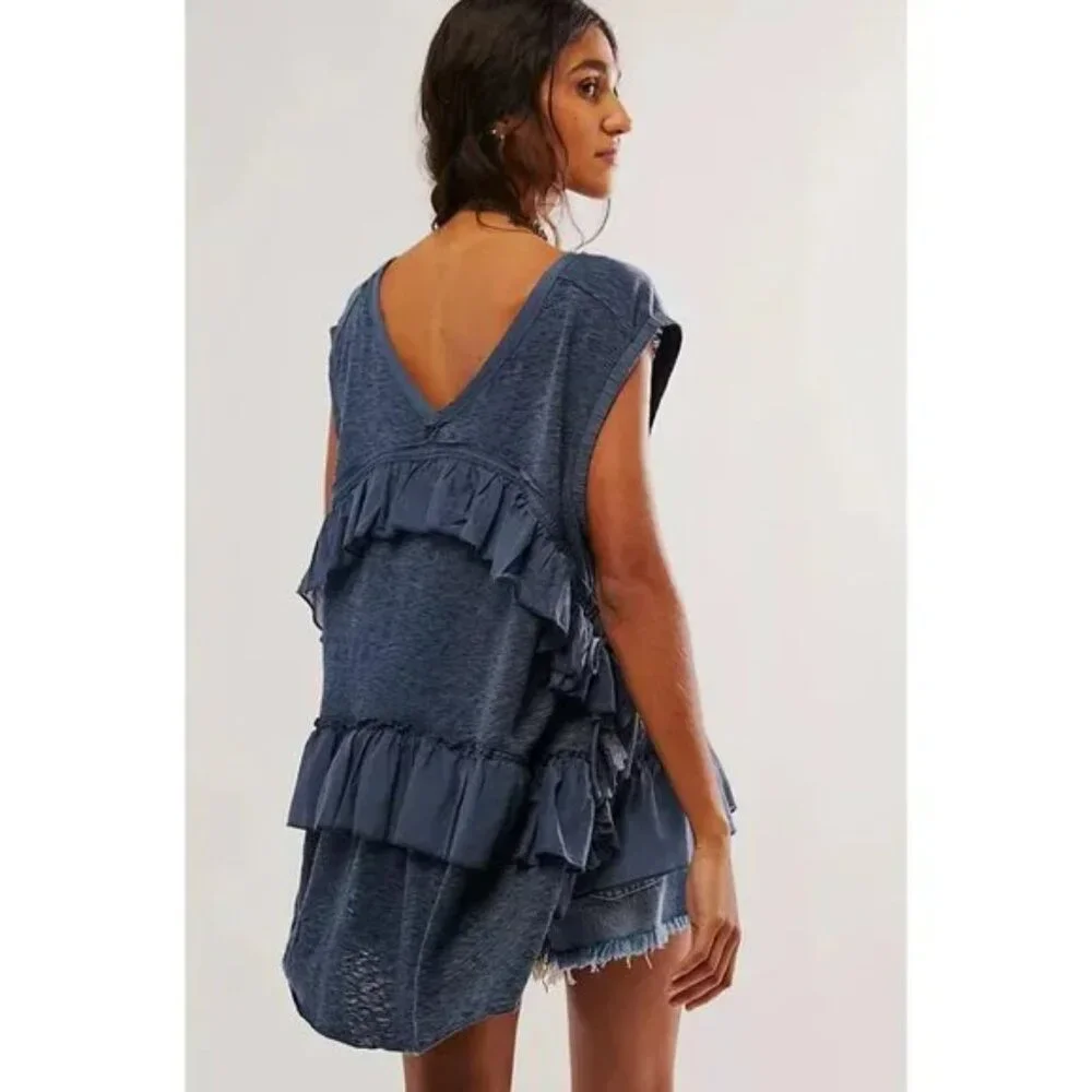 081Free People Claire Tee Tunic Top Eyelet Embroidered Ruffle Slouchy NWOT Small
